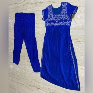 ❤️ 100% Silk Blue embroidered Dress and matching pants. Size: S